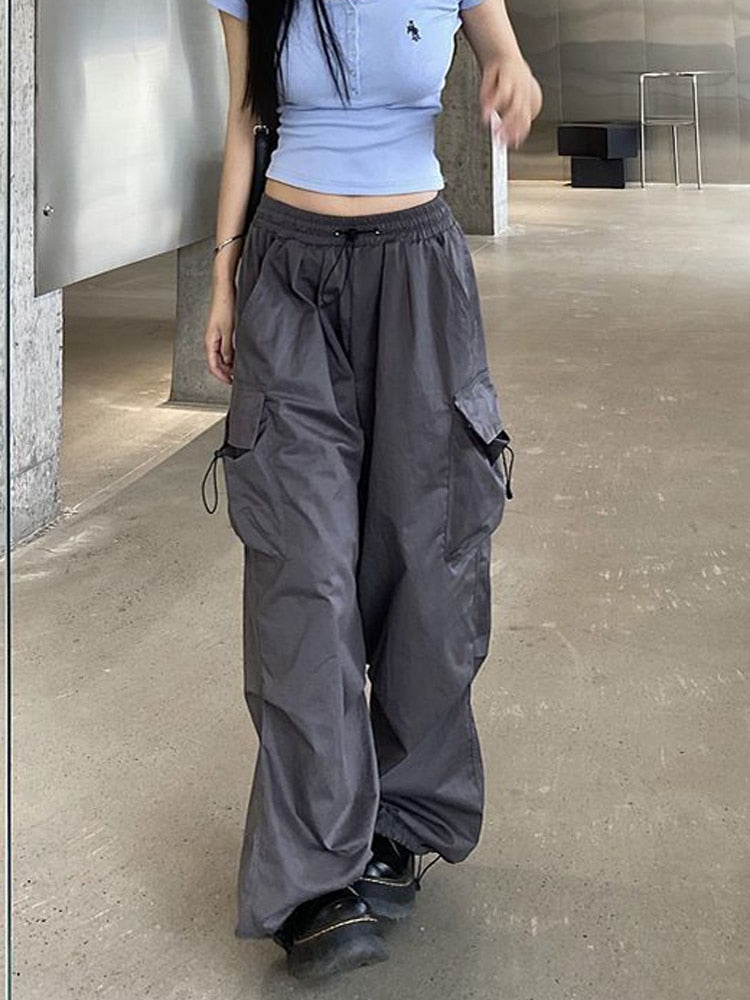 YOLAI V-Shaped Crossed Cargo Pant Mid Waist Baggy Wide Leg Trousers  Streetwear Hip Hop Joggers Pants with Pockets (AG, XS) at  Women's  Clothing store