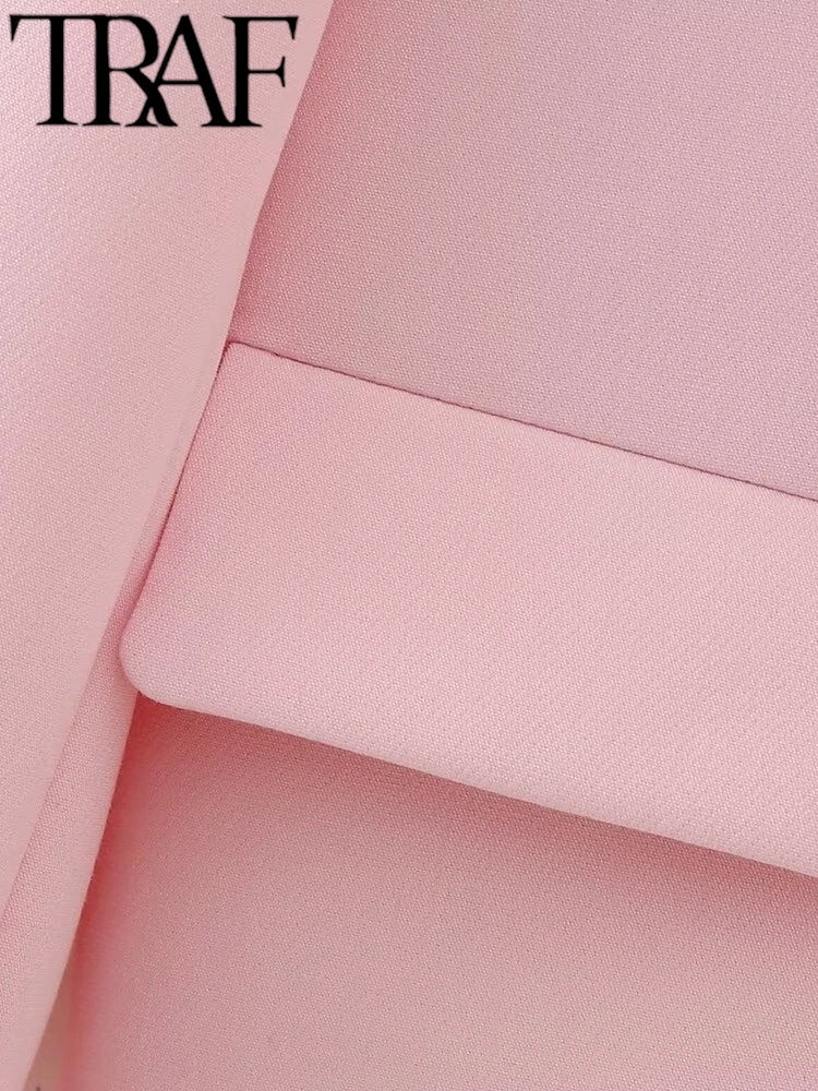 TRAF Spring Elegant Women Pink Y2K Short Blazer Metal Flower Button Long Sleeve Female Suit Jacket Turn Down Collar Tops