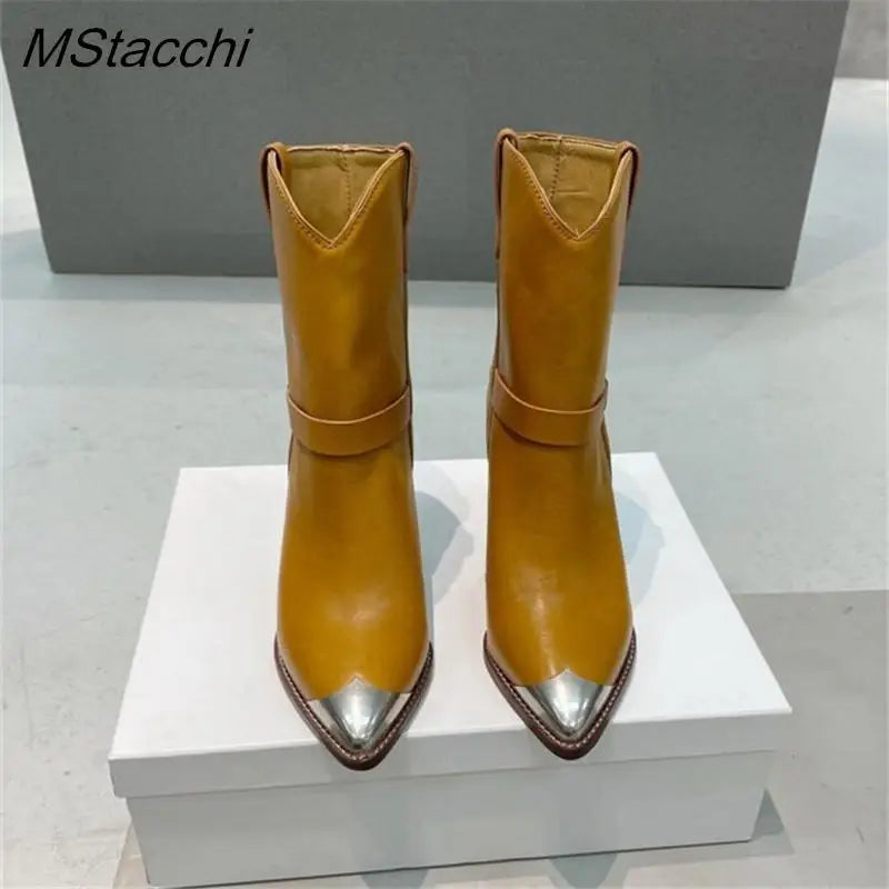 Metal Toe Women's Knight Boots Elegant Genuine Suede Leather Short Boots Ladies Strange Heel Shoes Women Slip-on Mid-calf Boots Khaki Leather