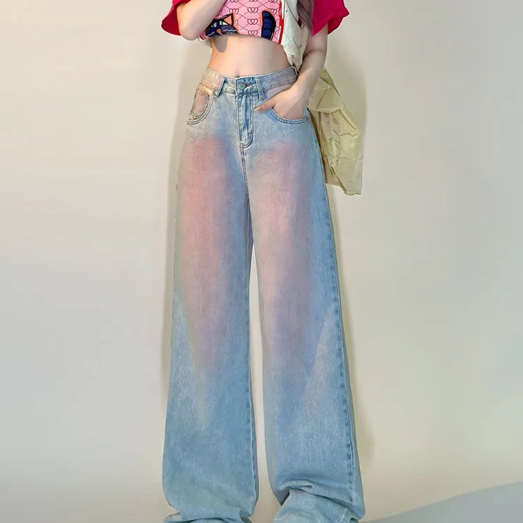 Korean Women's Wide Leg Baggy Y2K 2000s Denim Trouser Fashion Sweet Casual High Waist Pants High Street Blue Straight Jeans Blue