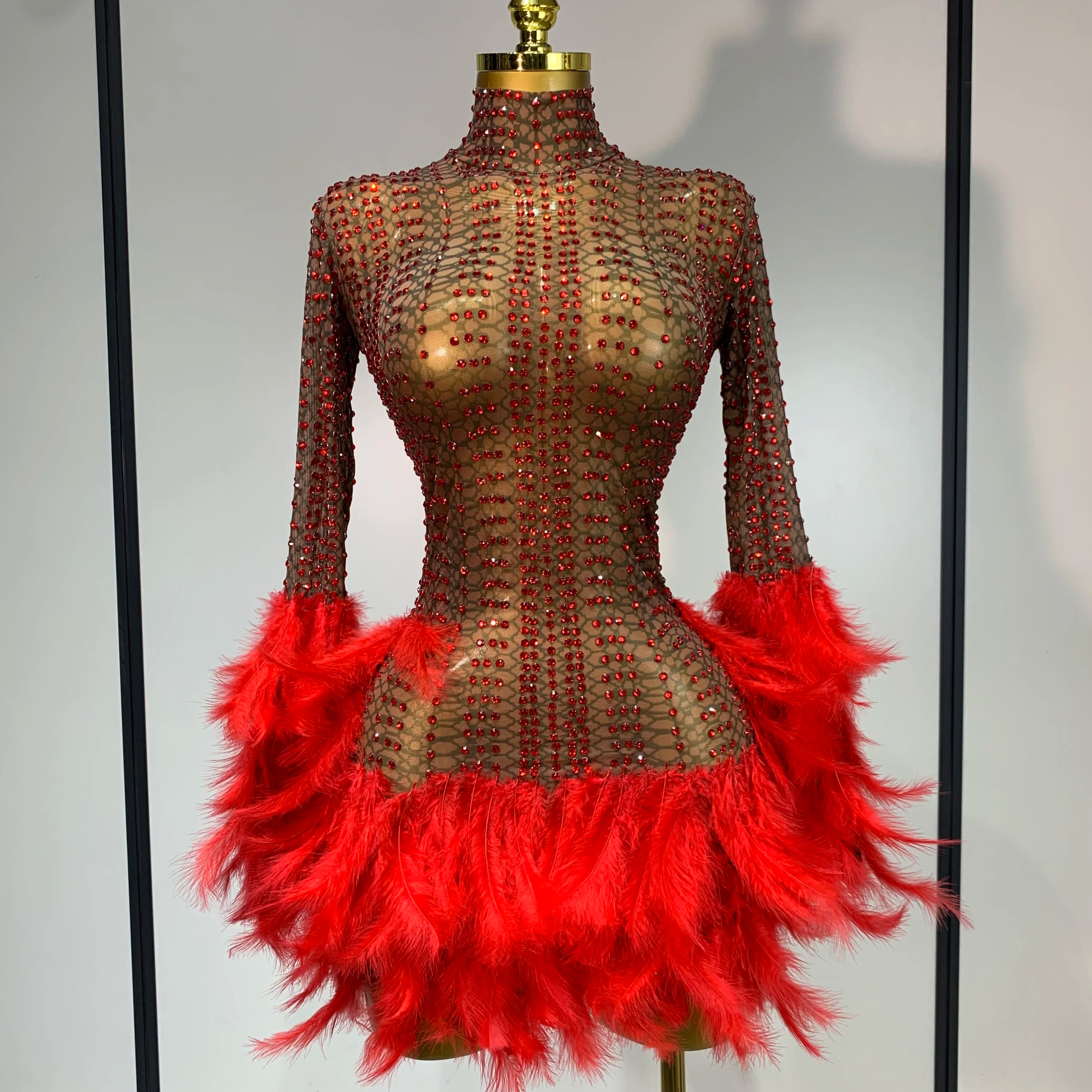 Women Luxury Birthday Dress Rhinestones Mesh Feathers Bodycon Mini Celebrity Evening Club Party Dress Nightclub Stage Outfit Red