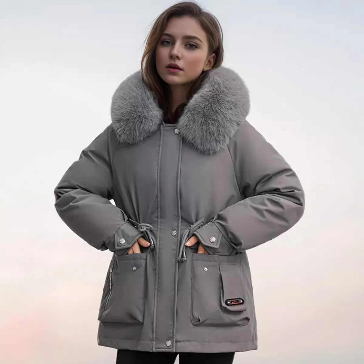 Winter Women's Jacket Fur Collar Thicken Warm Casual Cotton Jacket Female 2 Pocket Drawstring Waist Cinching Parka Jacket GRAY