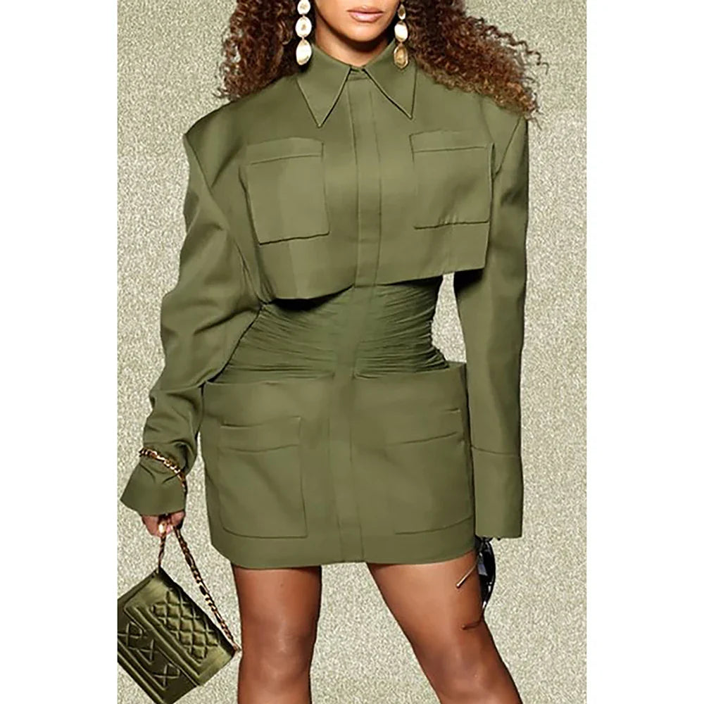 Plus Size Business Casual Dress Olive Green Ruffled Shirtdress Long Sleeve Mini Dress Olive Green