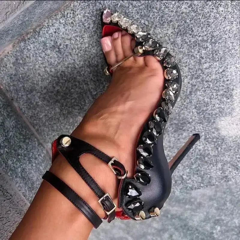 2025 Runway Women Pumps Crystal Metal Decoration High Heels Sandals For Women Luxury Designer Nightclubs Banquets Female Shoes Black