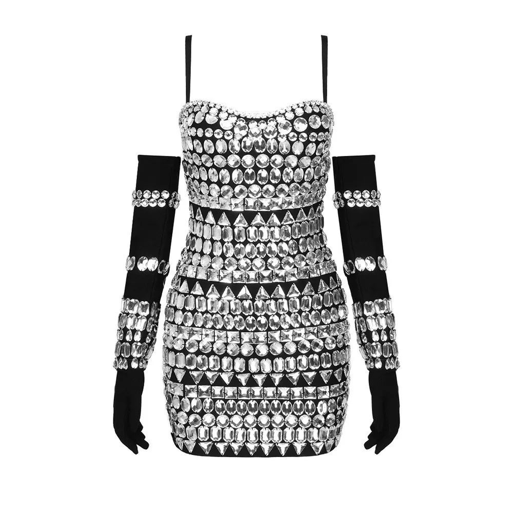 Detachable Gloves Dress Square Collar Sleeveless High Waist Slimming Patchwork Diamond Mini Dress Female Fashion Black