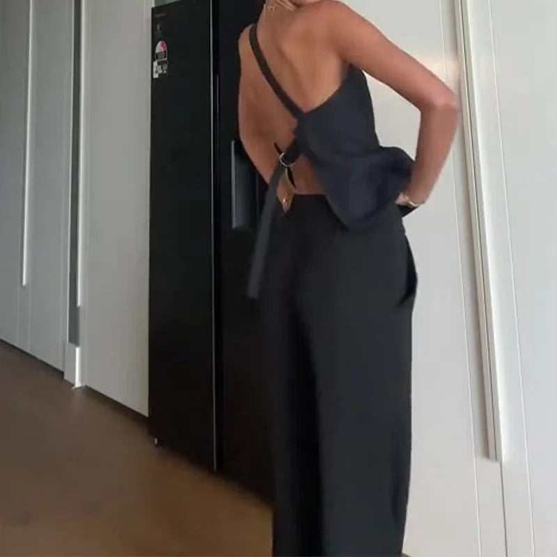 Women's 2 Pieces Set Fashion Versatile Solid Diagonal Collar Sleeveless Top Loose Wide Leg Pants Suits for Female Streetwear