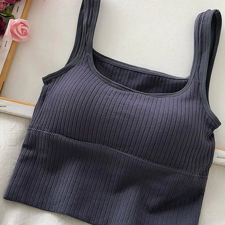 Summer Crop Top Women Seamless Square Collar Wide Straps Tank Top Knitted Striped Camisole Solid Corset Top Female Grey one size for 40-65kg