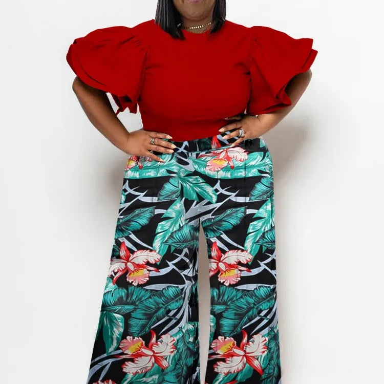 Plus Size Summer 2 Two Piece Set Women Ruffle Pleated Fashion Slim Ladies Blouses Floral Print Loose Pleated Woman Wide Leg Pant
