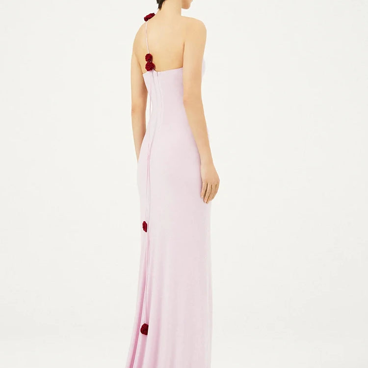 Women'S Pink Dress Elegant And Pretty Maxi Gown 3D Flower Design Diagonal Collar Sleeveless Formal Party Vestidos