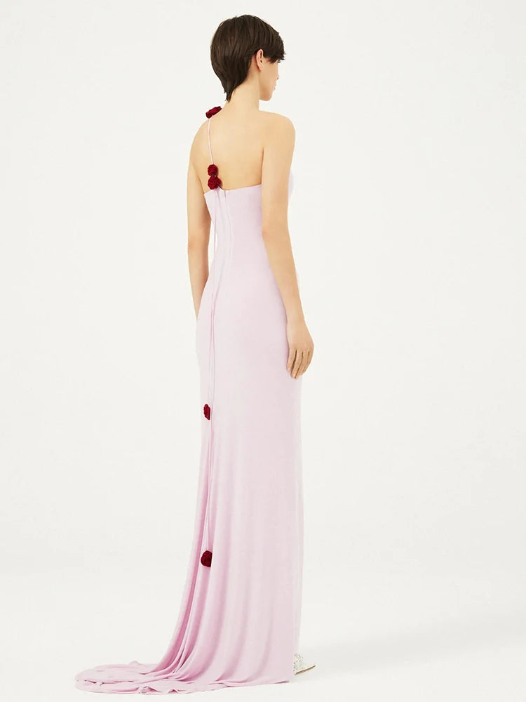 Women'S Pink Dress Elegant And Pretty Maxi Gown 3D Flower Design Diagonal Collar Sleeveless Formal Party Vestidos