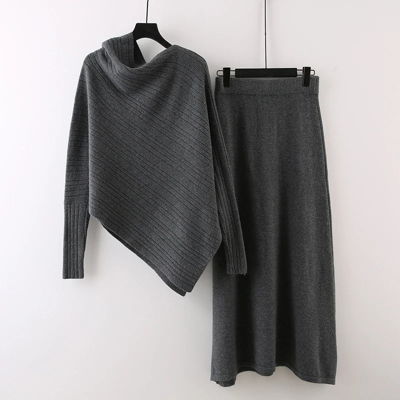 Autumn Winter Fashion Style Asymmetrical Batwing Sleeve Loose Knit Cardigan Elastic Waist Skirt Set For Women 11A07541 Dark Gray One Size