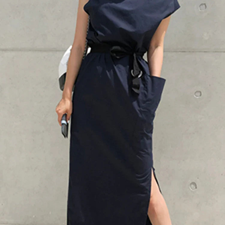 Asymmetrical Sashes Dress For Women Slash Neck Short Sleeve High Waist Casual Dresses Female Fashion New Clothing