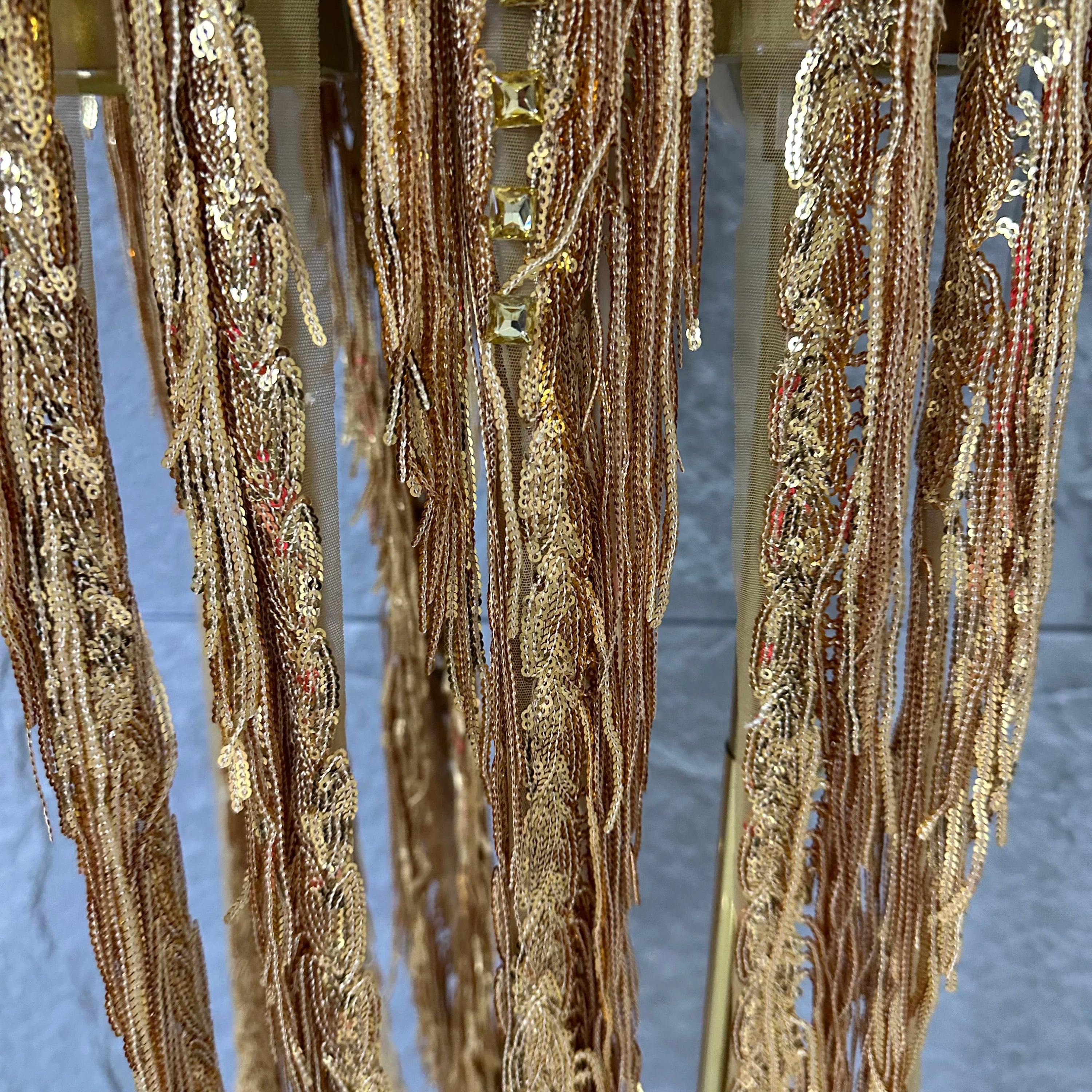 Opulent Gold Halter Neck Mini Dress Women Sexy Crystal Embellished Fringe Trim Form-Fitting Outfit Formal Event Party Costume