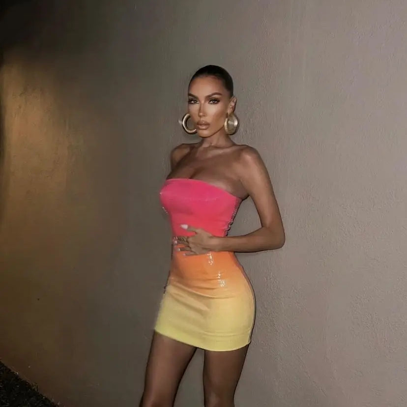 New Women's Dress Sexy Gradually Discolorating Bra Strapless Sequins Tight Fit Mini Dress Elegant Celebrity Party Dress