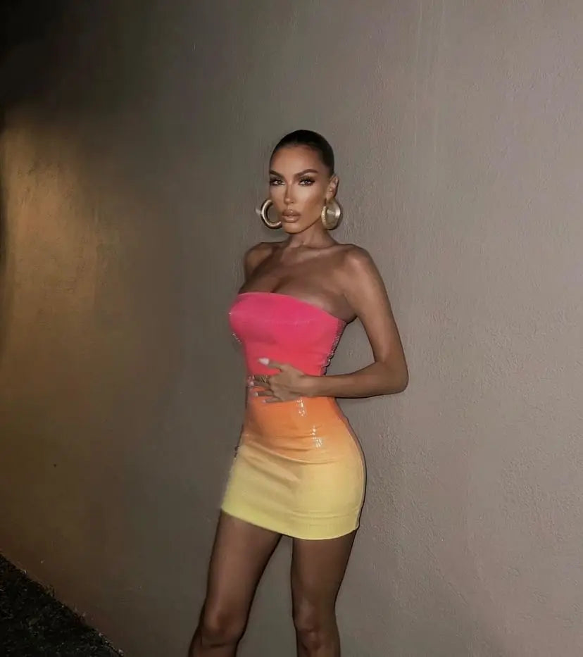 New Women's Dress Sexy Gradually Discolorating Bra Strapless Sequins Tight Fit Mini Dress Elegant Celebrity Party Dress