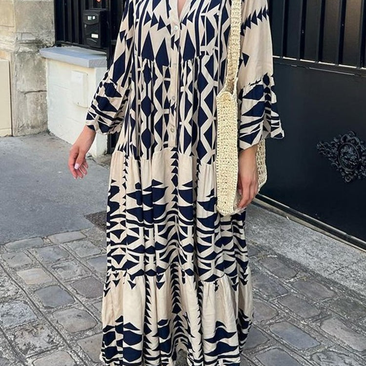 Women Print Shirt Maxi Dress Summer Vintage Boho Long Sleeve Pleated Dress Ladies Oversize Loose Buttons V Neck Dress Vestido Blue