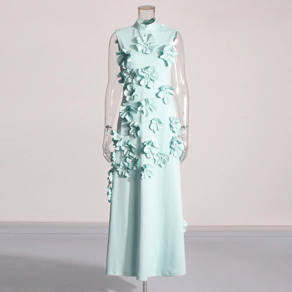 Patchwork Appliques Chic Dress For Women Stand Collar Sleeveless High Waist Spliced Lace Up Elegant Dresses Female BLUE