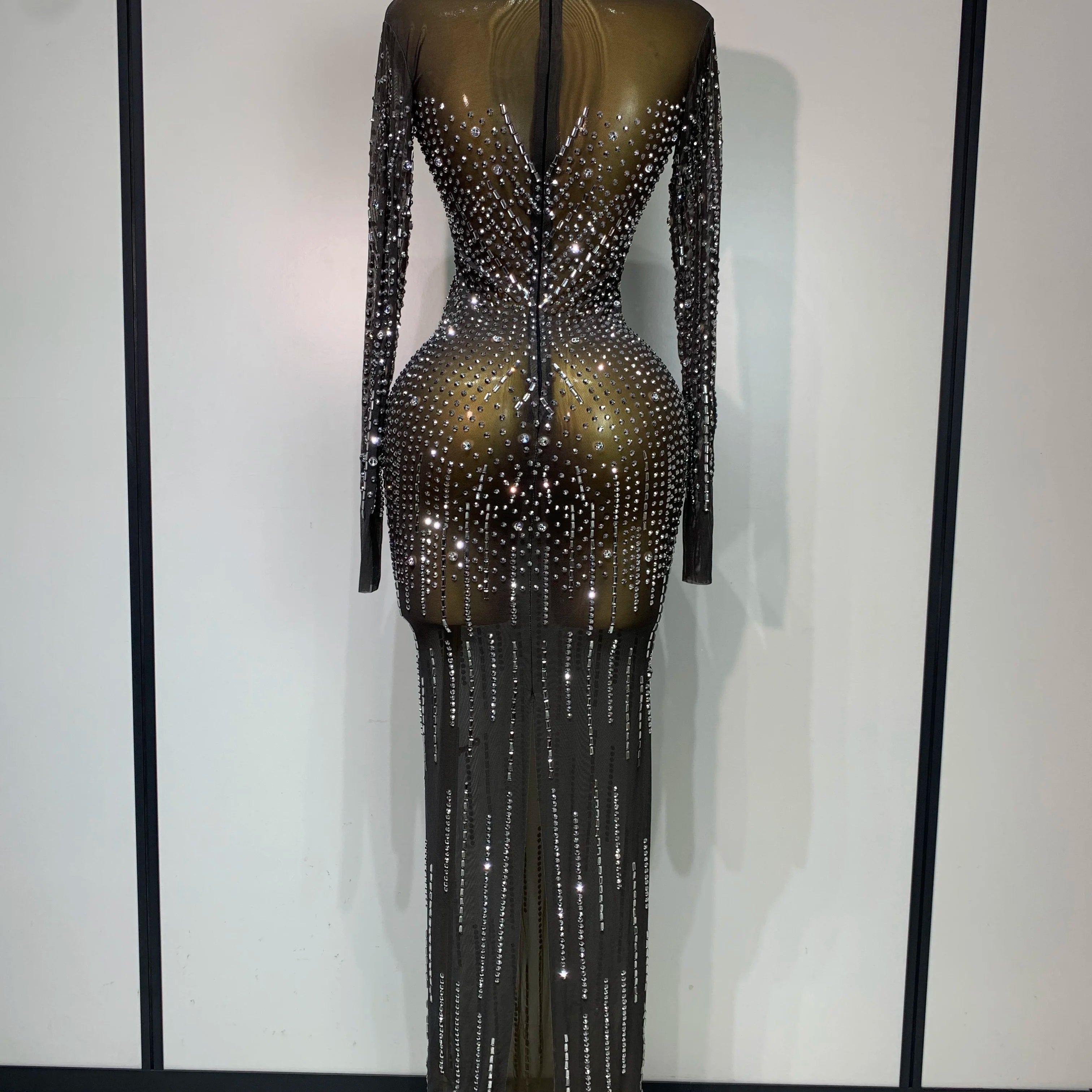 Women Sexy Long Sleeve Mesh See Through Dress 2025 Elegant Evening Party Luxury Birthday Club Rhinestone Performance Costume