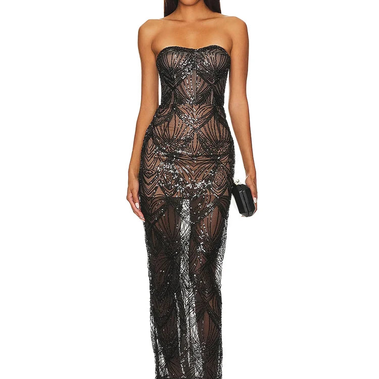 Luxury Sequins Beaded Party Dress Sexy Strapless Glitter Patchwork Mesh Sleeveless Evening Party Club Dress Vestido