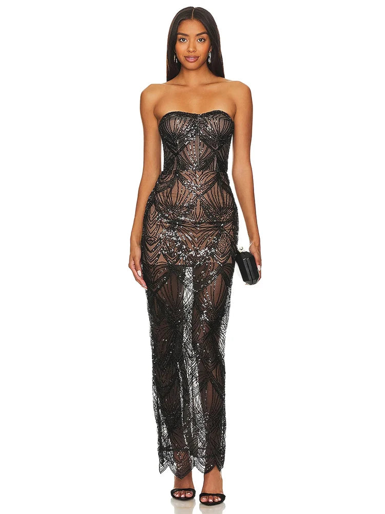 Luxury Sequins Beaded Party Dress Sexy Strapless Glitter Patchwork Mesh Sleeveless Evening Party Club Dress Vestido