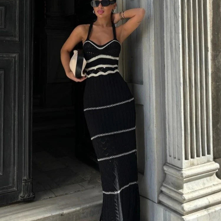 Knitted Long Dress Women Sexy Hollow Out Slim Suspenders Dresses New Summer Sleeveless Backless Beach Holiday Party Dress black