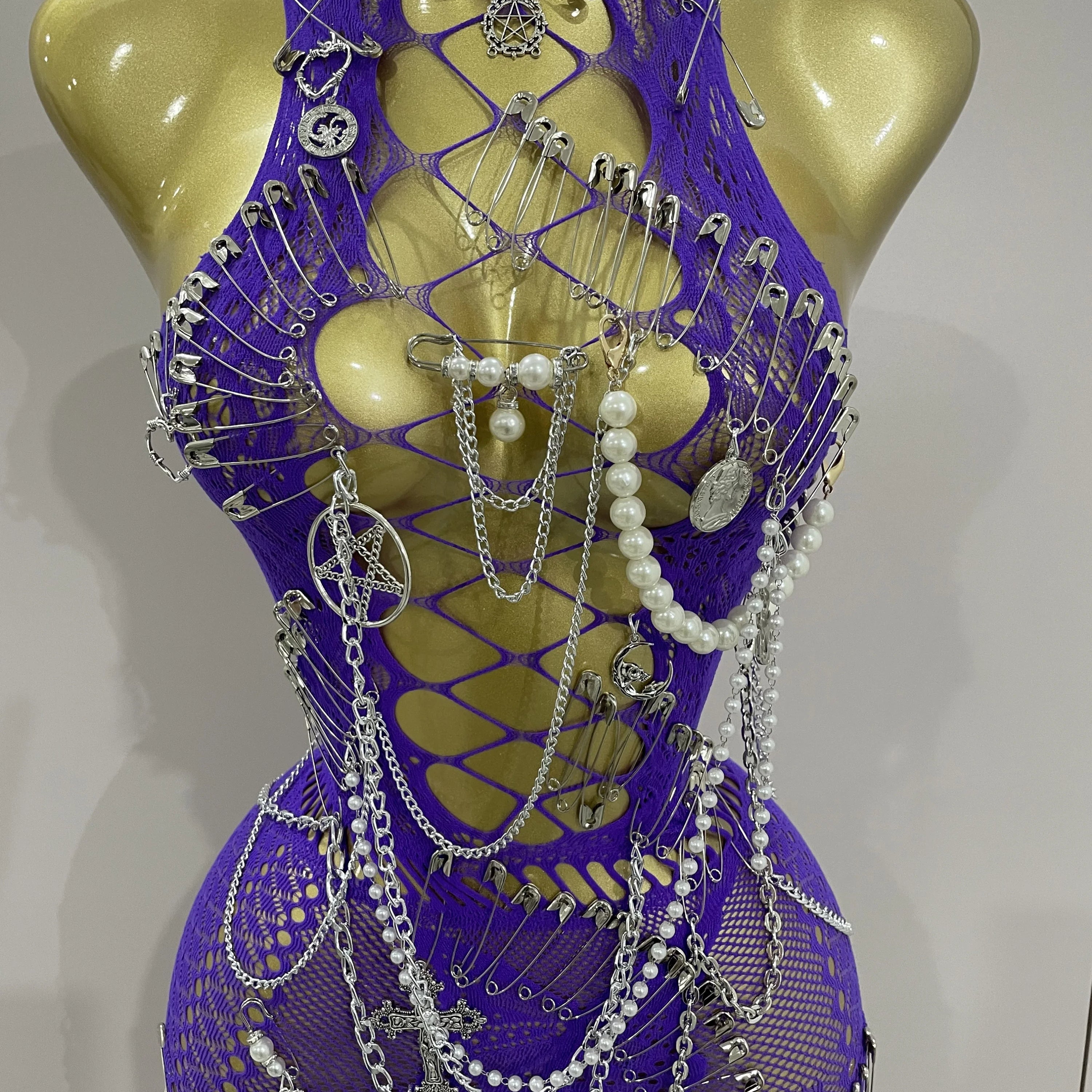 Sexy Black See-Through Pin Decoration Chain Beading Short Dress 2025 Women Birthday Evening Party Nightclub Performance Costume