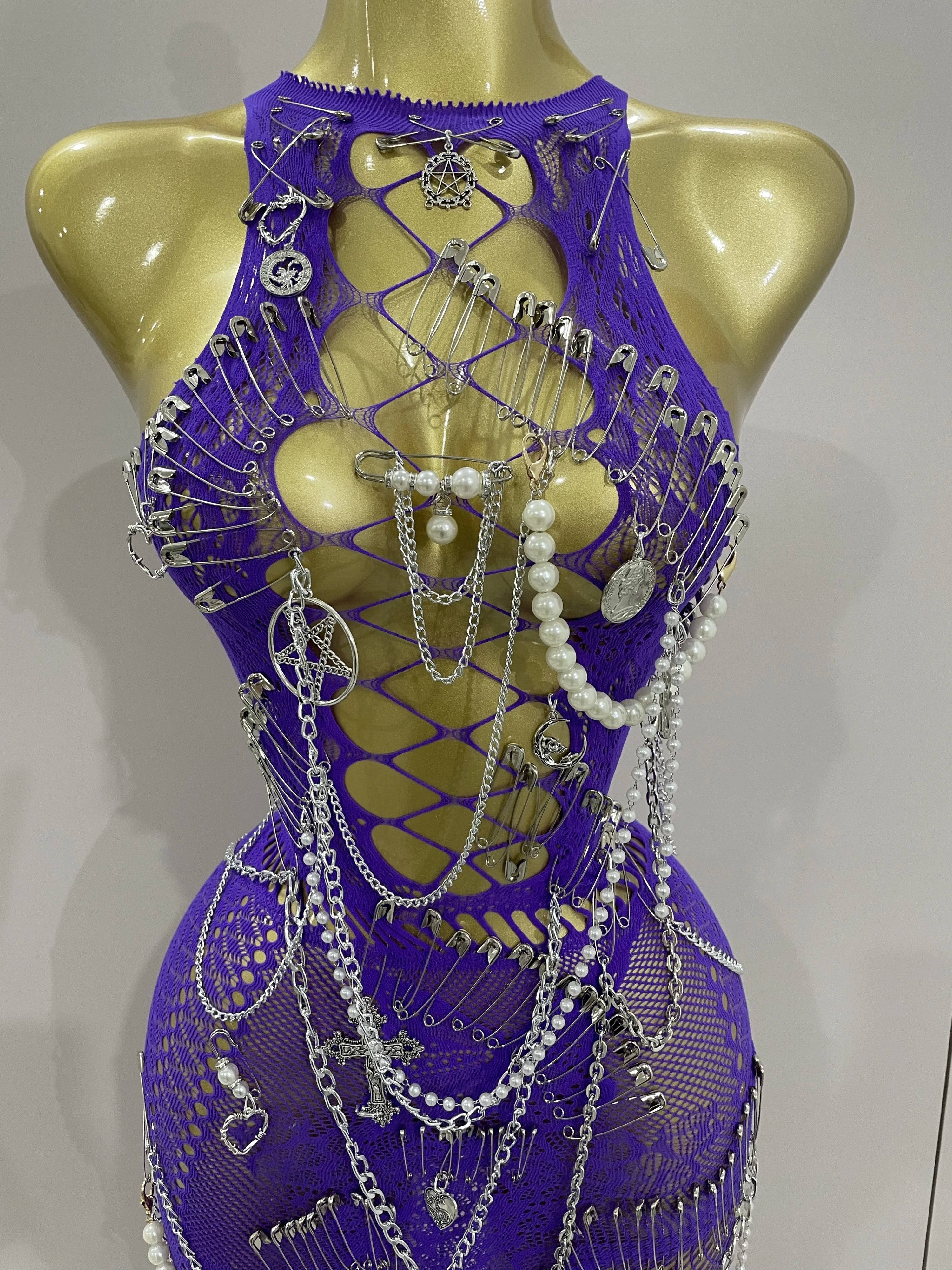 Sexy Black See-Through Pin Decoration Chain Beading Short Dress 2025 Women Birthday Evening Party Nightclub Performance Costume