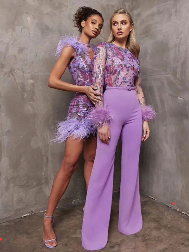 2024 New Fashion Women Sleeveless Sexy V-Neck Shinning Sequins Feathers Bodycon Mini Dress Elegant Evening Party Dress Outfit