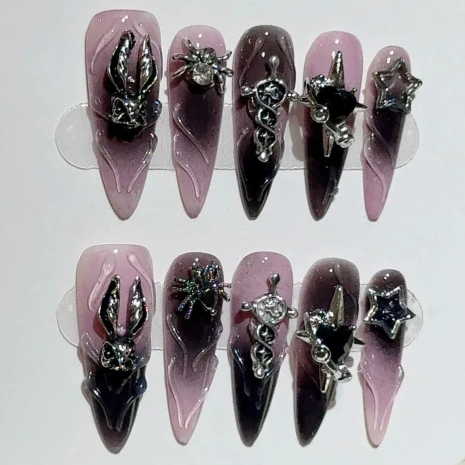 10Pcs Light Luxury Long Dark Black False Nails Pink Glitter Spice Girls Wearing Manicure 3D Bow Rhinestone Fashion Acrylic Nails
