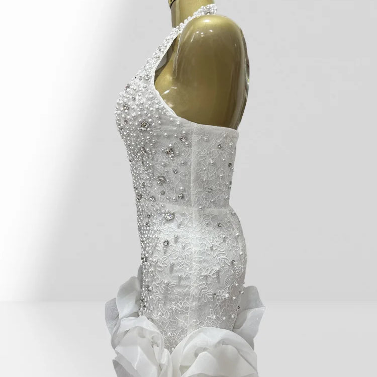 2025 Luxury Diamond Beading Sexy V-Neck Halter Sleeveless White Mini Dress Woman Wedding Party Vestido Birthday Party Outfit