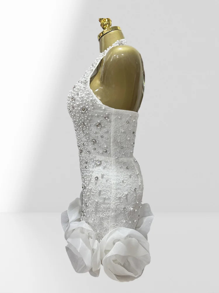 2025 Luxury Diamond Beading Sexy V-Neck Halter Sleeveless White Mini Dress Woman Wedding Party Vestido Birthday Party Outfit