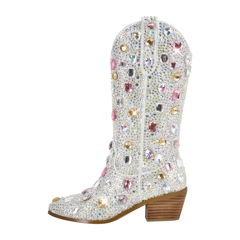Women Sparkly Multi-colored Rhinestone Handmade Mid-calf Western Boots CD230821A