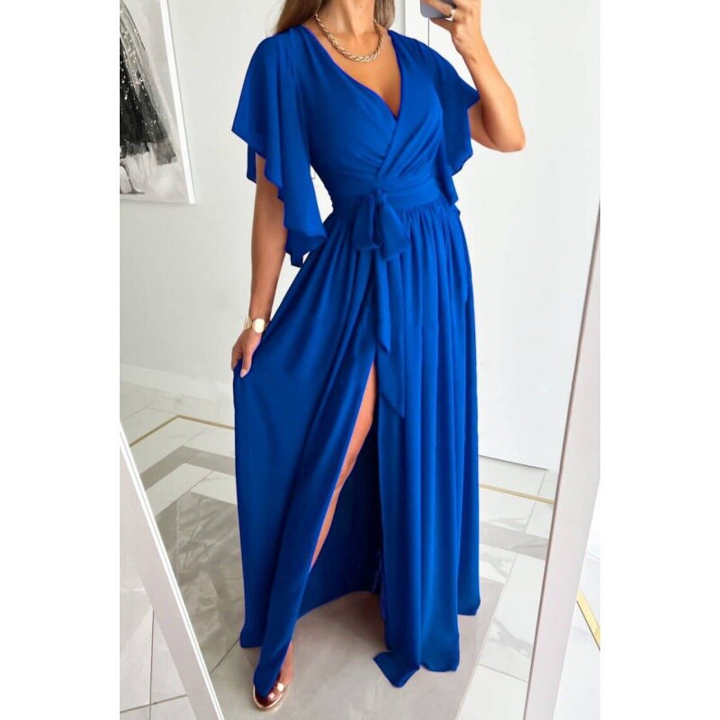 Solid Color High Waist Lace-up Gown Ladies Elegant Commuter Evening Party Split Hem Dressy Women's V Neck Flared Sleeve Dresses Blue