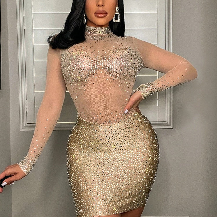 Sexy Mesh Crystal Patchwork Sheer Mini Dress New Elegant Women Long Sleeve Bodycon Dress Night Clubwear Outfits Apricot