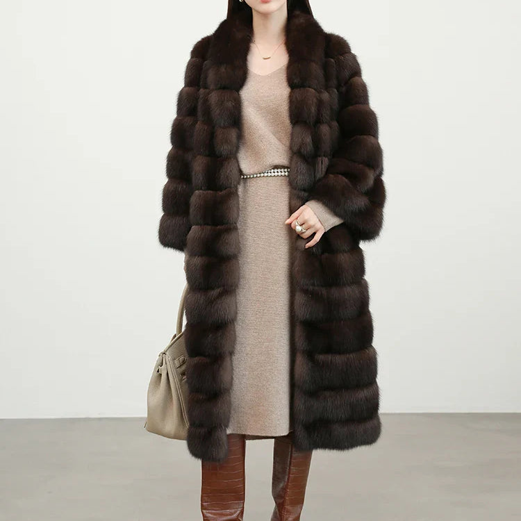 Autumn Winter Elegant Luxury Chic Long Thick Warm Faux Sable Fur Coat Women Shawl Collar Fluffy Overcoat