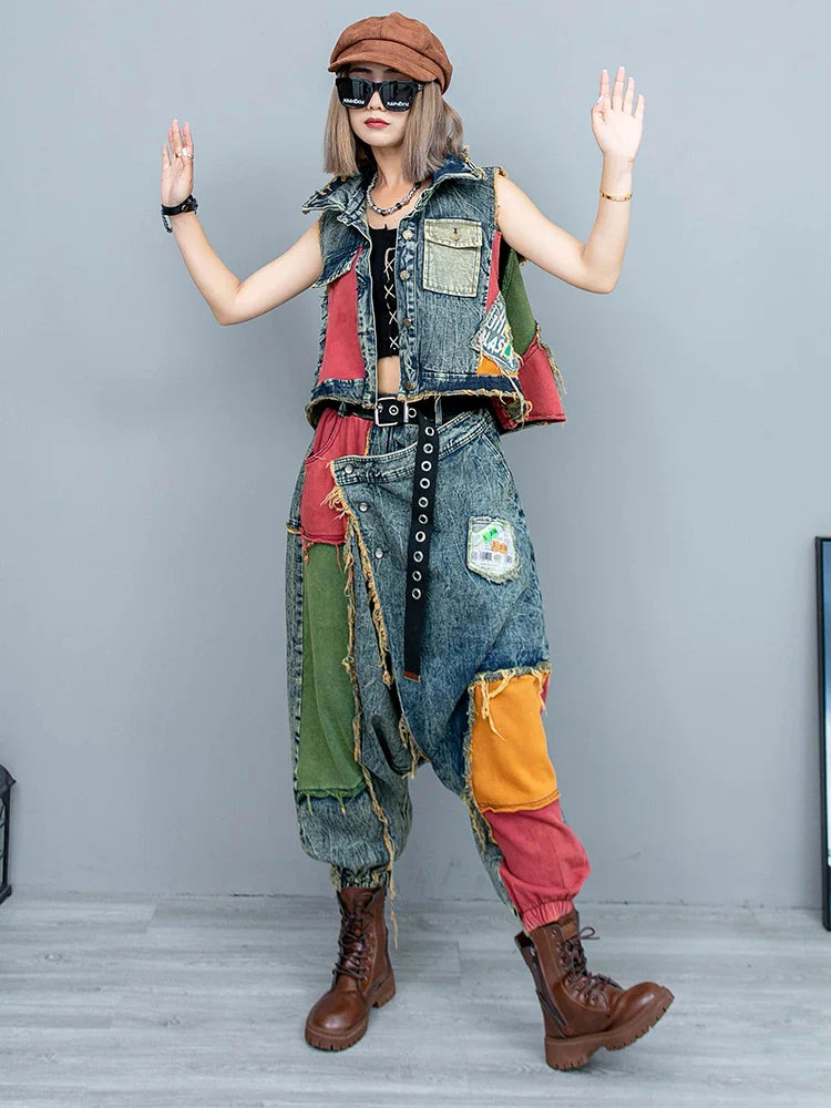 LYUZHE Individuality Fashion Patchwork Denim Jeans Women Spring Autumn New Color Contrast Vintage Loose Pant ZXF986A