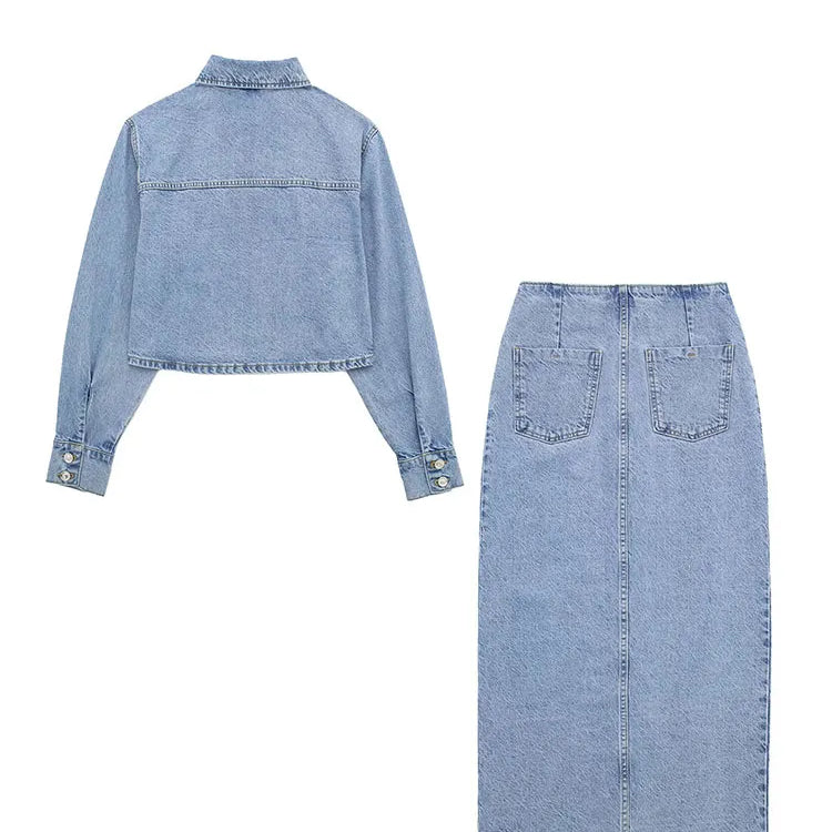 Women Retro Fashion Autumn Loose Long Sleeve Denim Jacket + High Waist Denim Midi Skirts Female 2 Pieces Set Ropa De Mujer