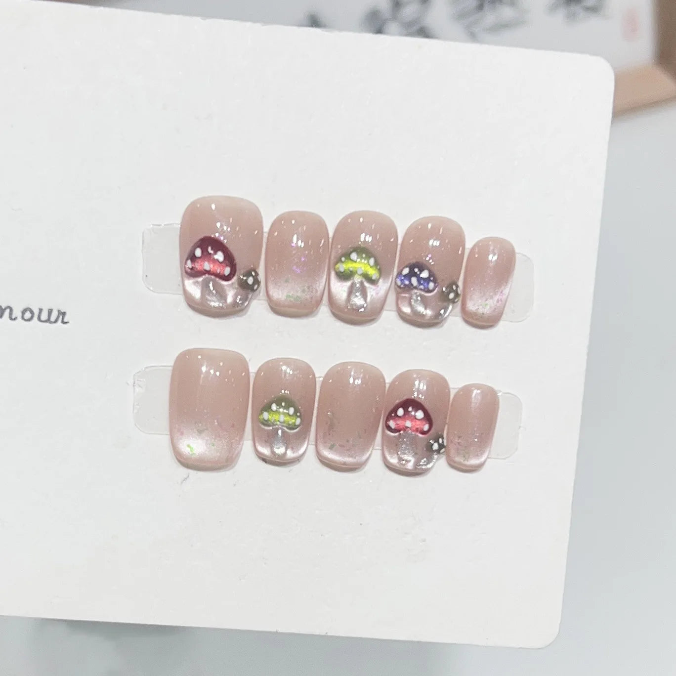 10Pcs Sakura Ballet Handmade Press on Nails Glitter French Full Cover Acrylic Nail Short Pink Sweet Girl False Nail Manicure Tip