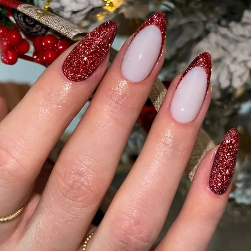 24Pcs Gradient Red Press on Nails with Sequin Glitter Long Almond Fake Nail Wearable Stiletto Nails Art Artifical False Nails