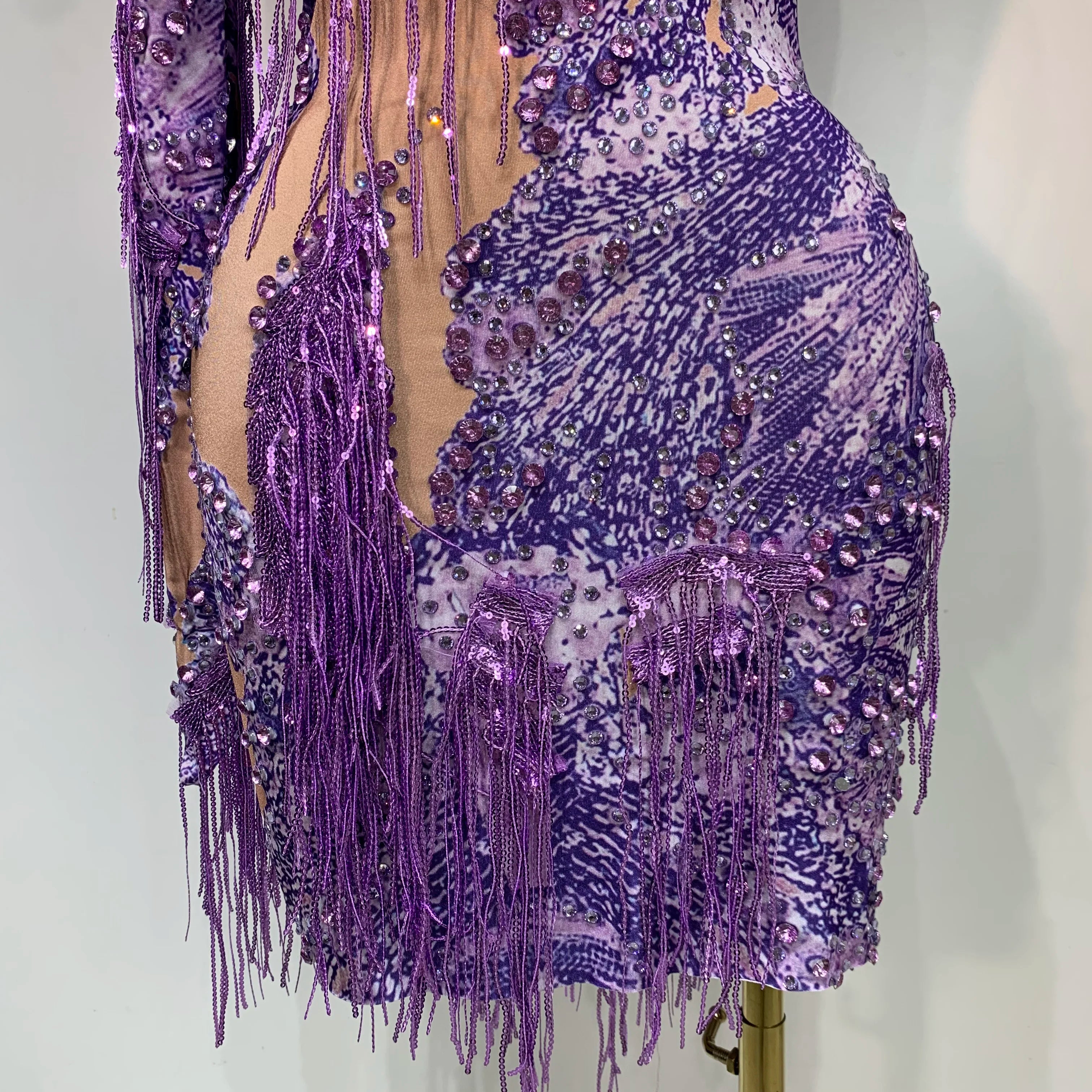 Sexy Sparkly Purple Rhinestones Tassel One Shoulder Sleeve Mini Dress Evening Party Birthday Nightclub Stage Performance Outfit