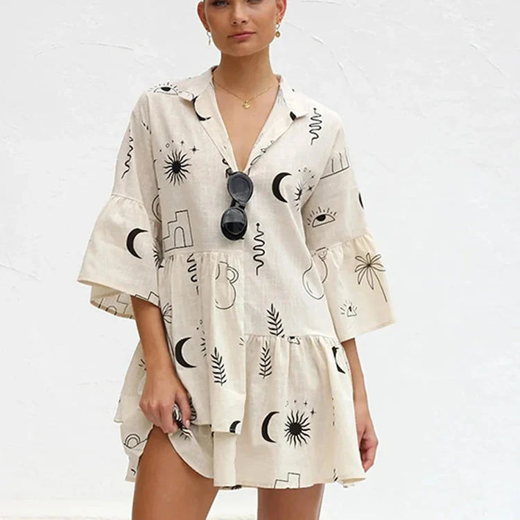 Print Flare Sleeve Ruffled Mini Women's Dress Elegant Shirt Collar Button Vestidos Spring Casual Loose Beach Female Dresses