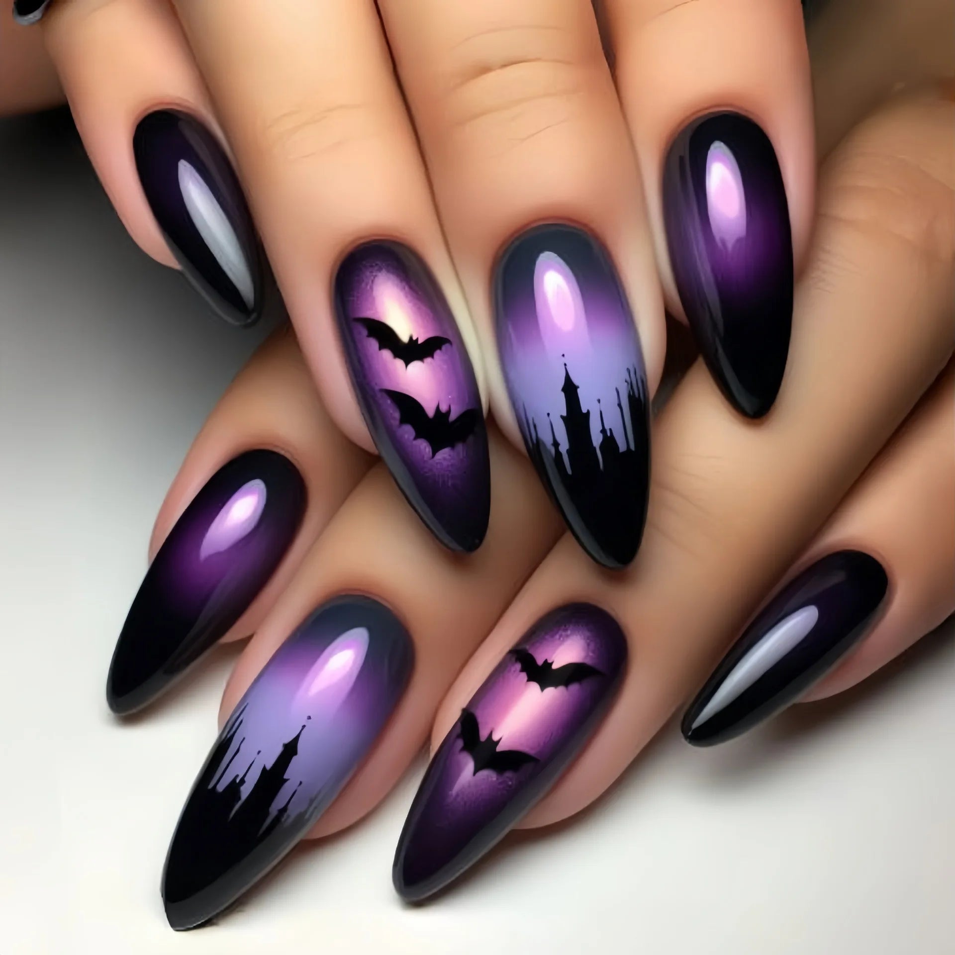 24pcs/set Short Medium fake nails for Halloween party Dead trees and crows bat Night sky Square almond tips press on false nail 2726