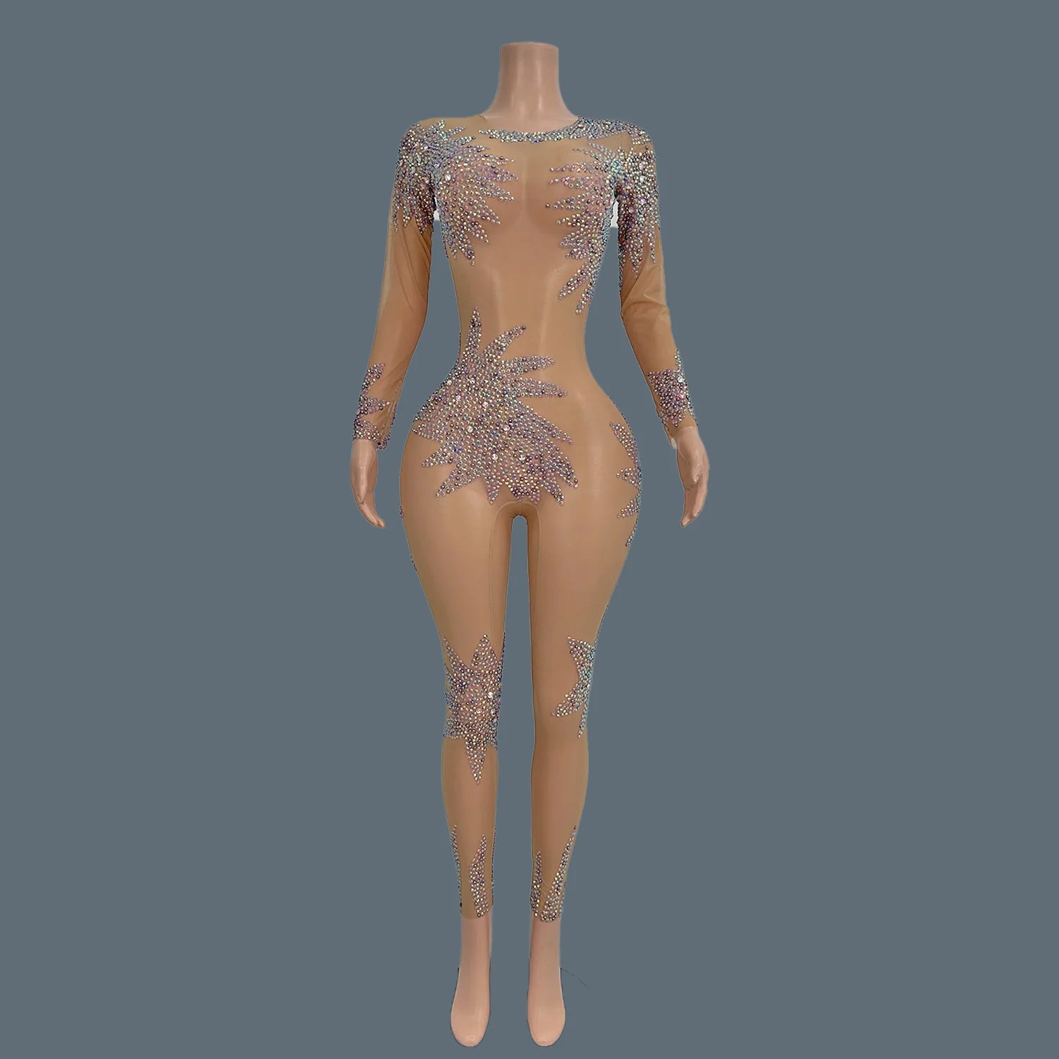 Sexy Transparent Tight Jumpsuit Women High Street Purple Performance Dancer Costume Mesh Diamonds Show Stage Rompers Ziluolan Nude