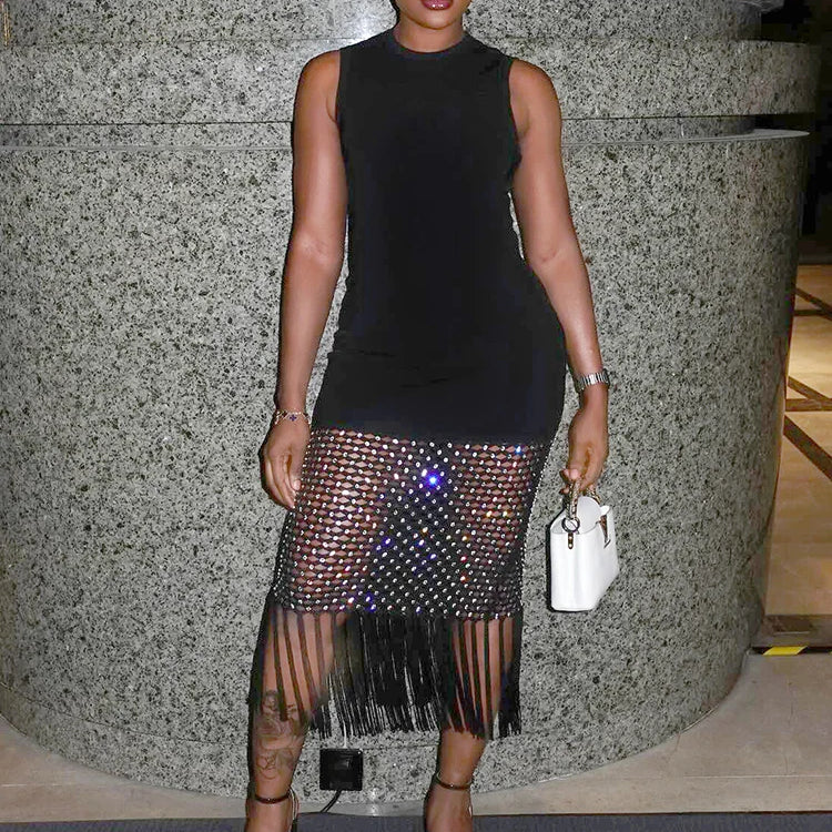 Glamorous Black Sleeveless Dress with Mesh and Fringe Detail Fashion Evening Gown