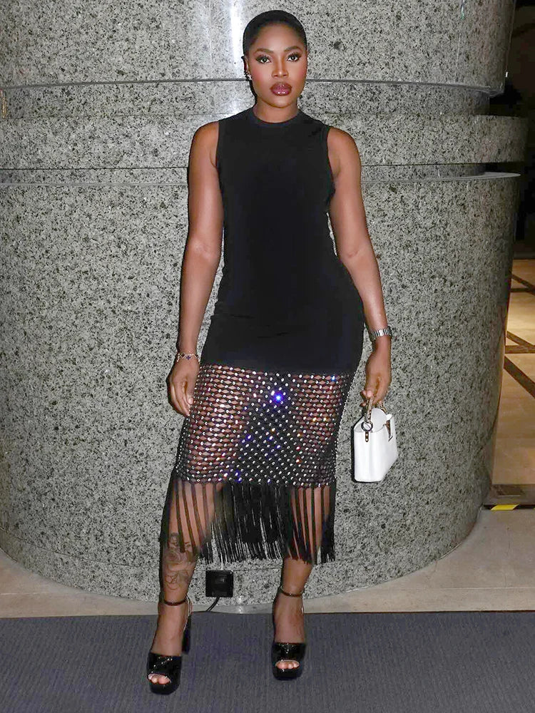 Glamorous Black Sleeveless Dress with Mesh and Fringe Detail Fashion Evening Gown
