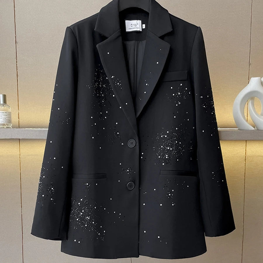 Solid Loose Spliced Bead Fashion Blazers for Women Lapel Long Sleeves Patchwork Single Breasted Blazer Female New BLACK