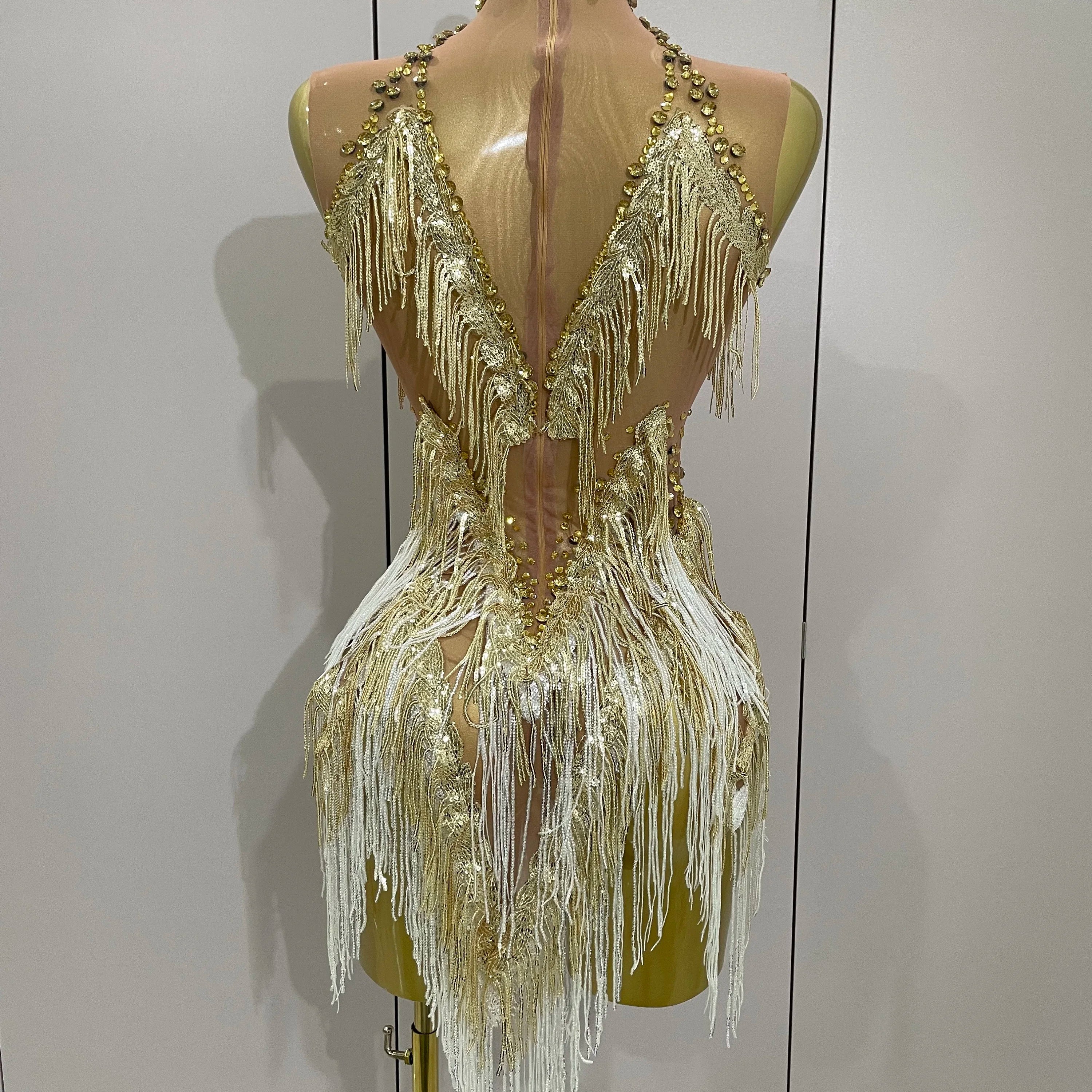 Women Sexy Stretch Mesh Sparkly Rhinestone Tassels Mini Dress Nightclub Singer Dance Stage Costume Evening Gowns