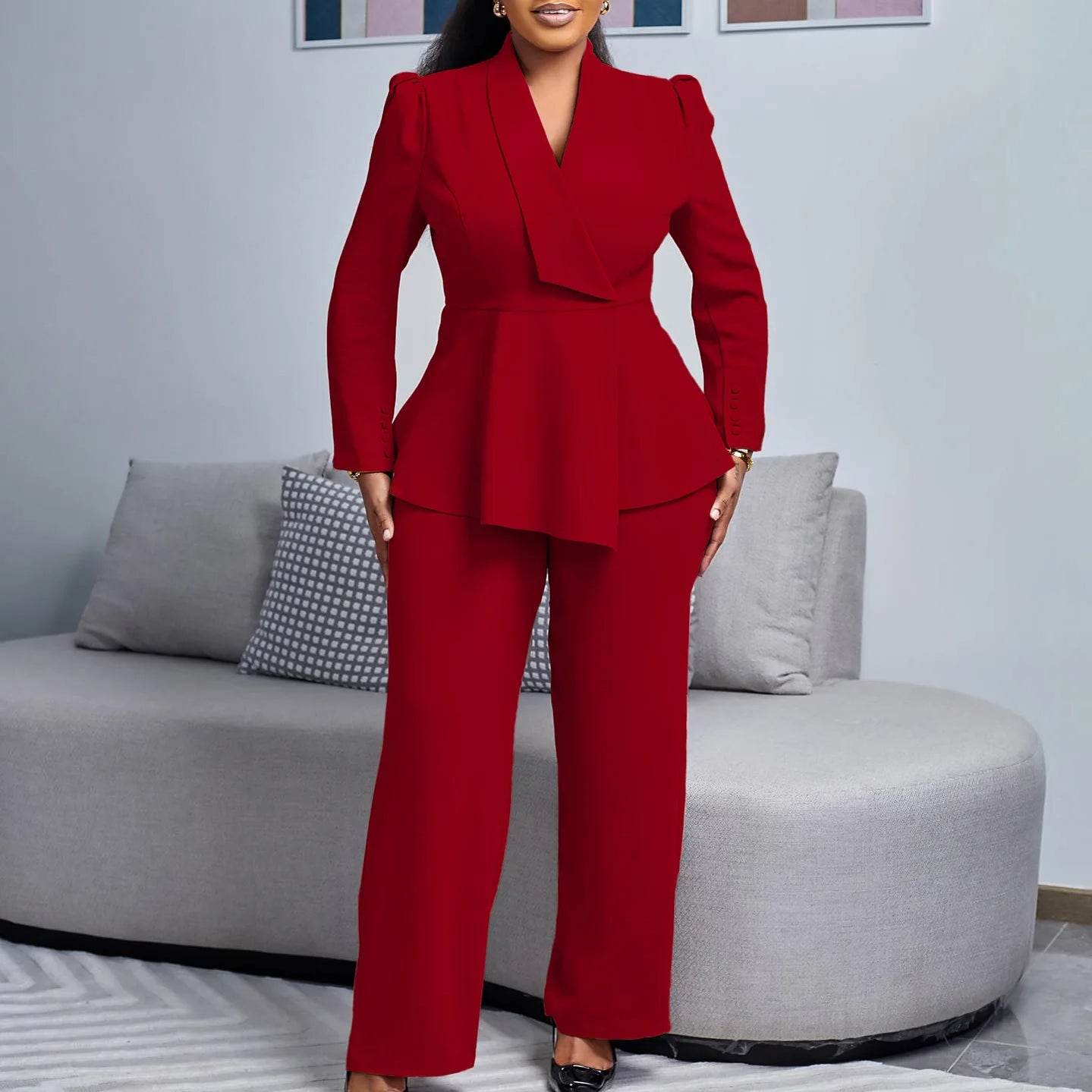 2 Piece Women Sets 2025 Plus Size Spring Autumn Matching Sets Red Two Pieces Sets Top Pants Suits Outfits Clothing Burgundy