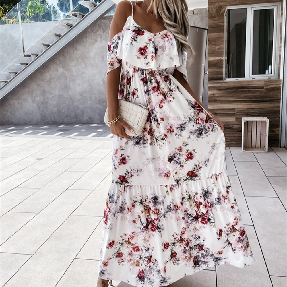 Women Boho Floral Cold Shoulder Elegant fashion Maxi Dress Ladies Summer Ankle-Length Red