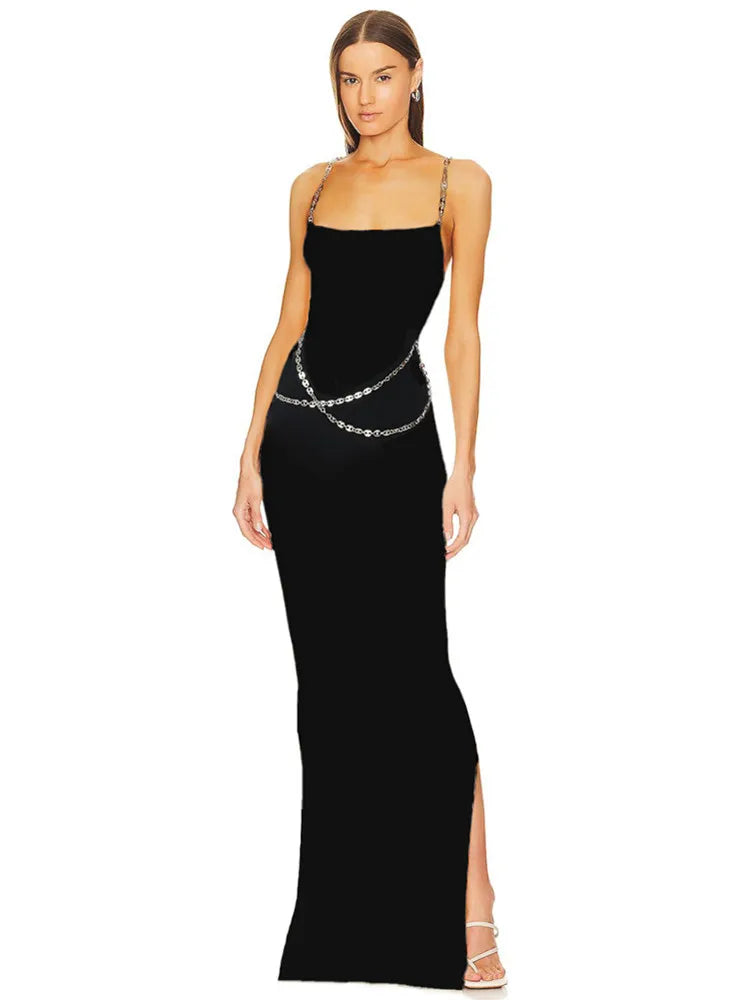 Women Summer Luxury Sexy Sleeveless Backless Chain Black White Maxi Long Gowns Celebrity Elegant Evening Party Club Dress black